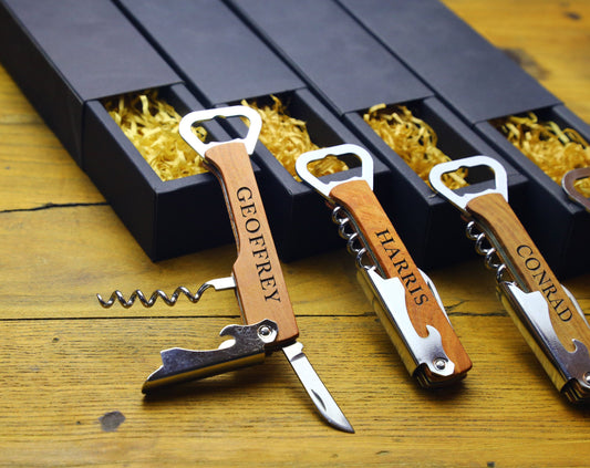 Customized Red Wine Corkscrew Opener, Engraved Beer Bottle Opener With Wood Handle, Men's Gift Engravedideas