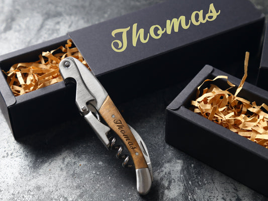 Personalized Wooden Handle Corkscrew with Black Paper Box, Gift for Men customizedgift