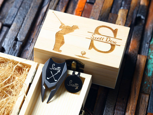Personalized Golf Divot Tool Set with Wooden Box UniqueGiftProposal