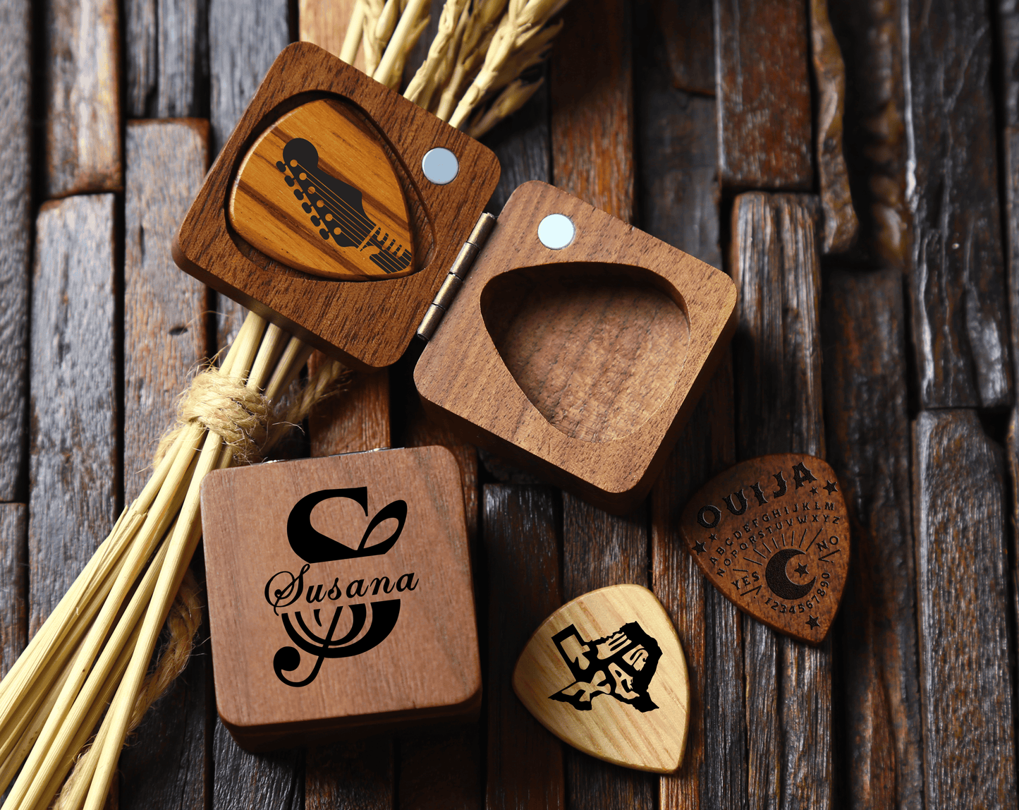 Personalized Wooden Plectrum with Case, Custom Guitar Pick Holder customizedgift