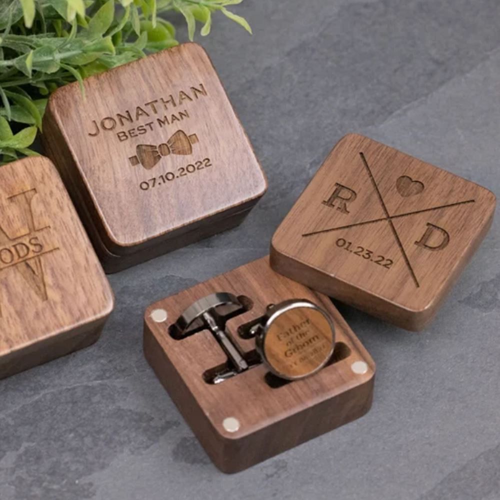 Personalized handcrafted set of walnut wood cuff OxAndBirch