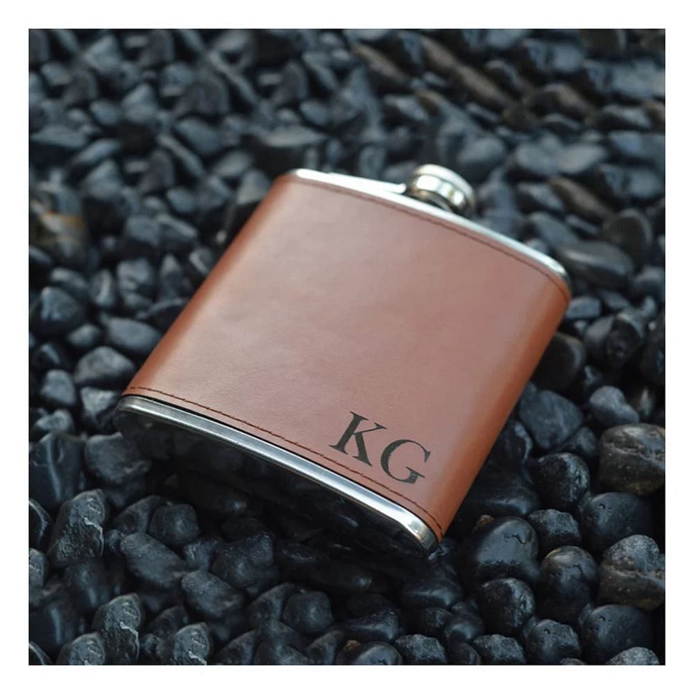 Personalized Brown PU Leather Flask PrecisionMemory