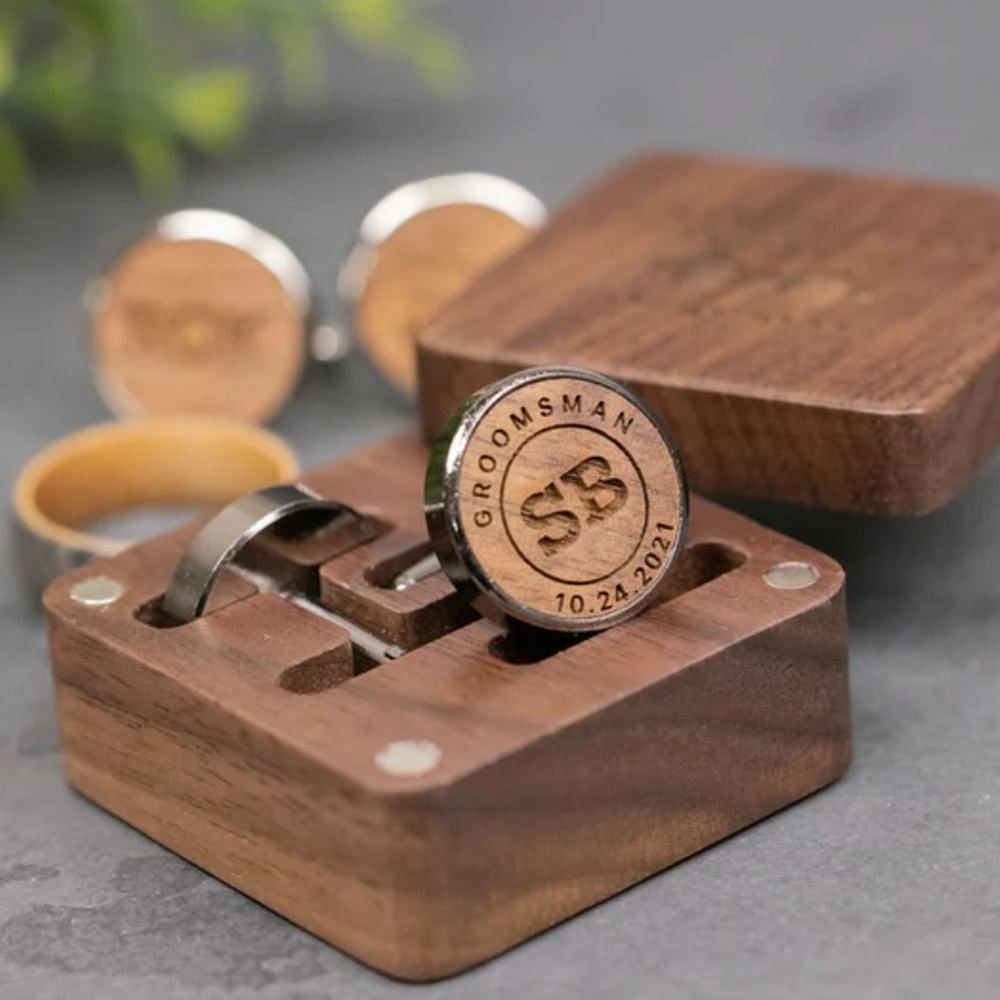 Personalized handcrafted set of walnut wood cuff OxAndBirch